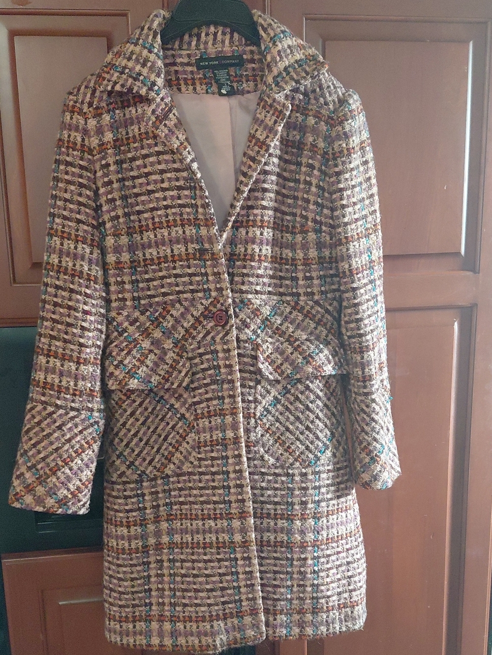 New York & Company Tweed Plaid Pea Coat in Cream, Brown & Multicolor